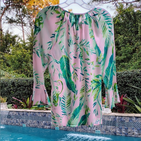 Lilly Pulitzer Willa Flounce Bell Sleeve V-tie- Neck Top In Pink Women's Size S - Picture 3 of 6